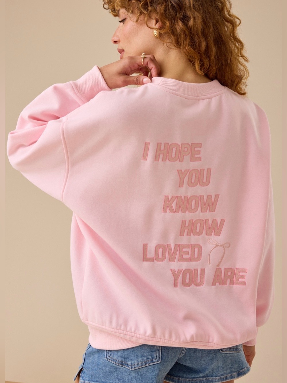 Altar'd State “I Hope You Know How Loved You Are” Embroidered Bow Sweatshirt